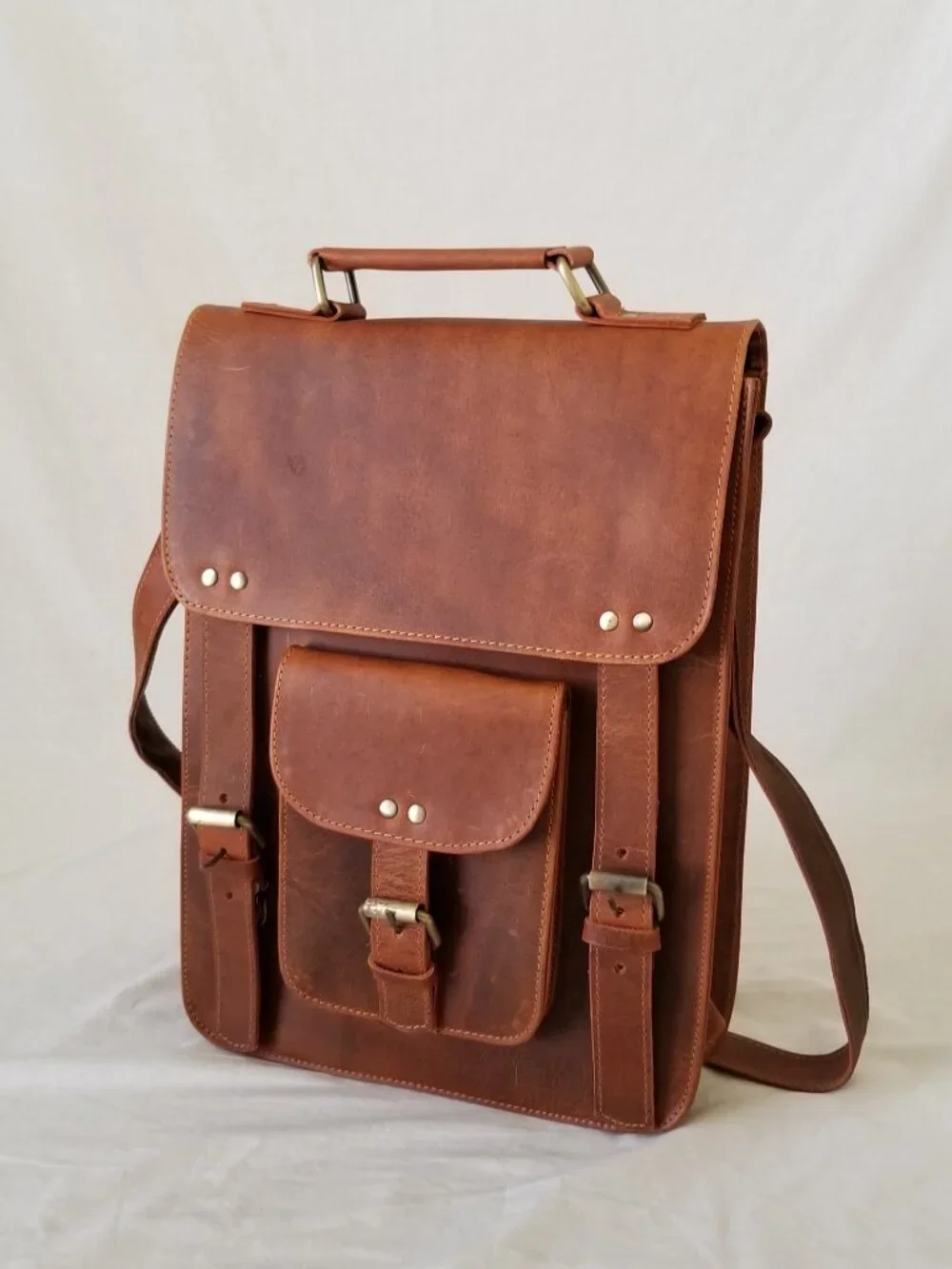 NWOT! Leather Messenger Shoulder Bag with Brass-tone Hardware & Detachable Strap